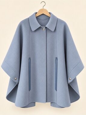 Loro Piana Powder Blue Cape Coat with Leather Trim 100% Cashmere